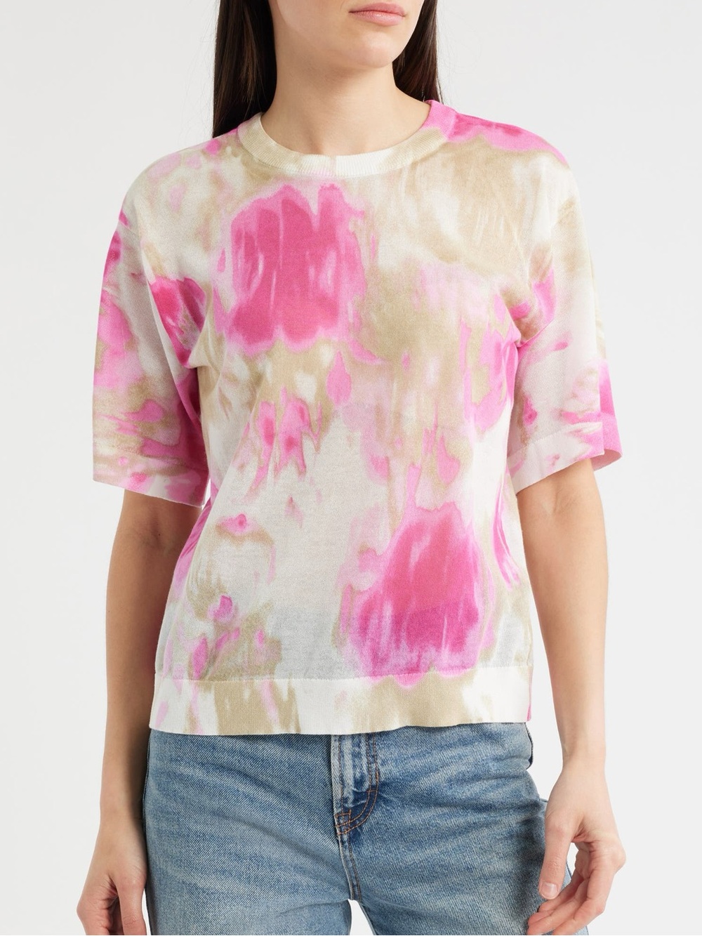 DKNY Pink & Olive Tie-Dye Cropped Tee Size Small